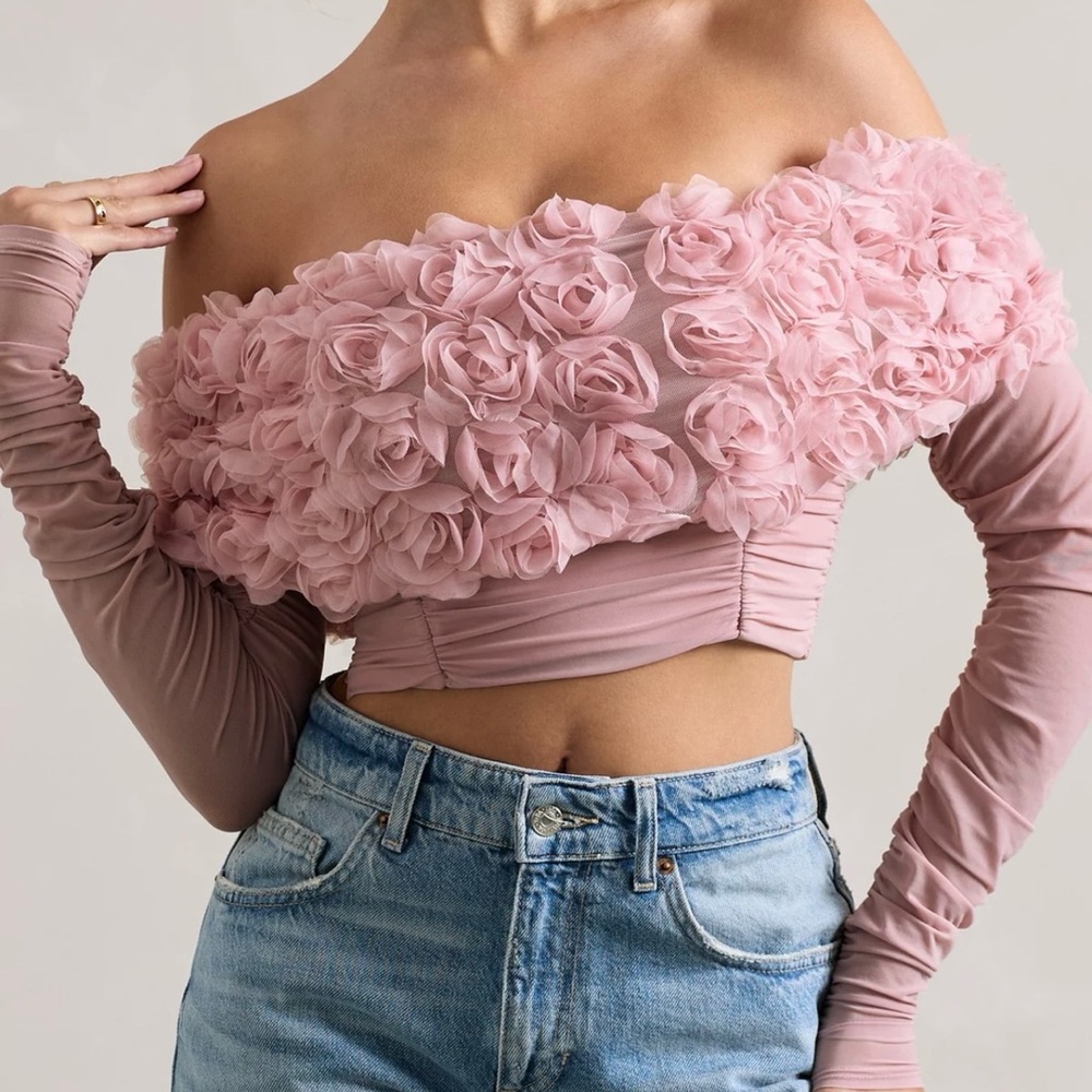 Libbie | Pink Mesh Floral Bardot Top
